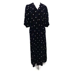 VTG Georgette Trabolsi Velvet Lounger Caftan Womens M Black Pink Dots Gown Pkts